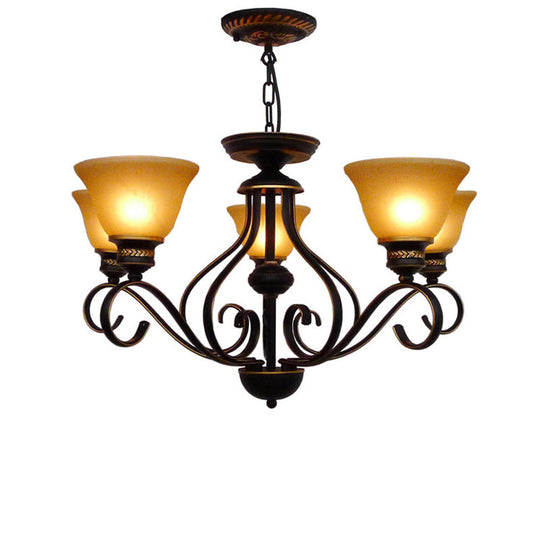 Traditional 5-Light Beige Frosted Glass Chandelier: Black Bell Pendant Fixture