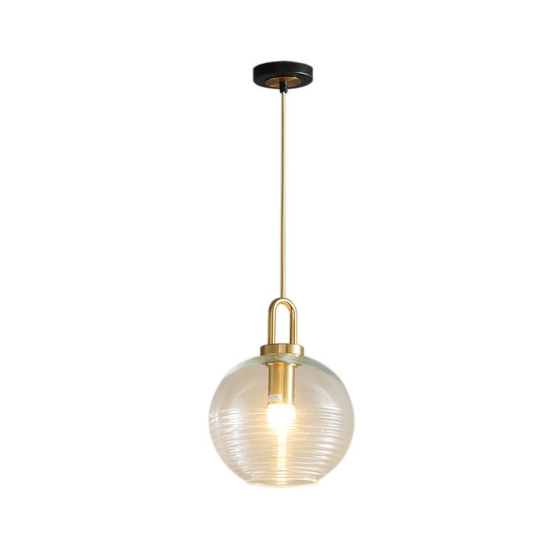 Modernist Gold Glass Pendant Light - Clear Ribbed Cylindrical/Drum/Globe Design - 1 Light - 6"/8"/12" Wide - Kitchen Hanging Lamp Fixture