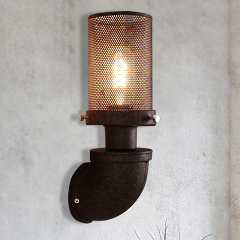Industrial Rust Caged Metal Wall Lamp - 1-Light Cylinder Sconce for Dining Room Fixture