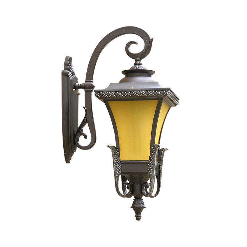 Traditional Coffee Square Bell Outdoor Wall Light Fixture with Tan Glass Wall Mount - 1 Head