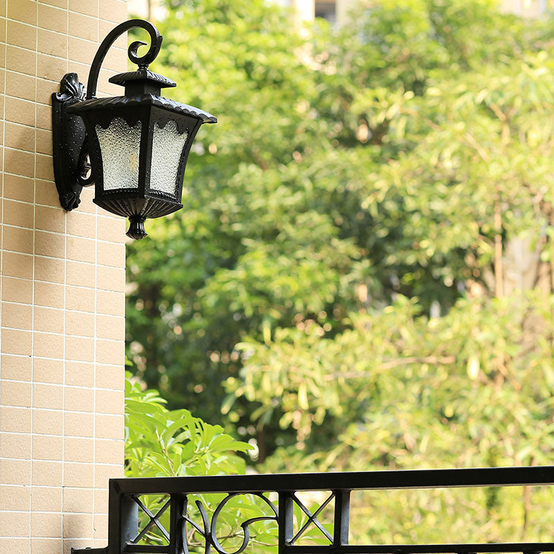 Vintage Lantern Style Wall Mounted Lamp with Seedy Glass for Yard - Black