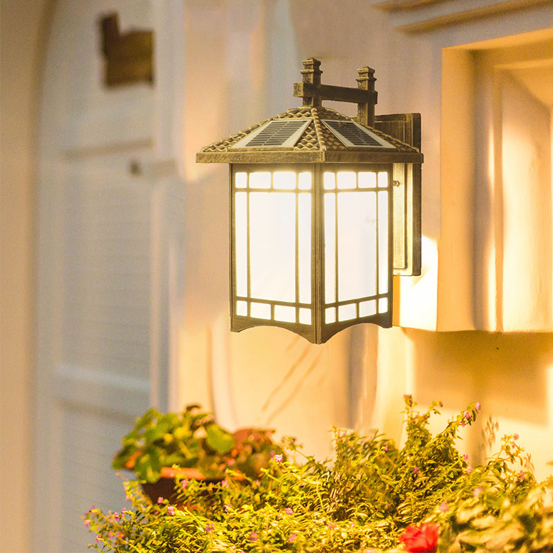Rustic LED Wall Sconce with Frost Glass - Solar Powered for Courtyard