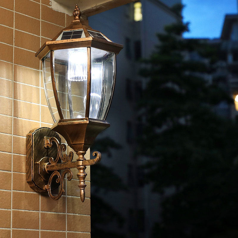 Solar Vintage House Wall Light with Metal Frame, Glass Shade, and LED Bulb - Outdoor Wall Mounted Lamp