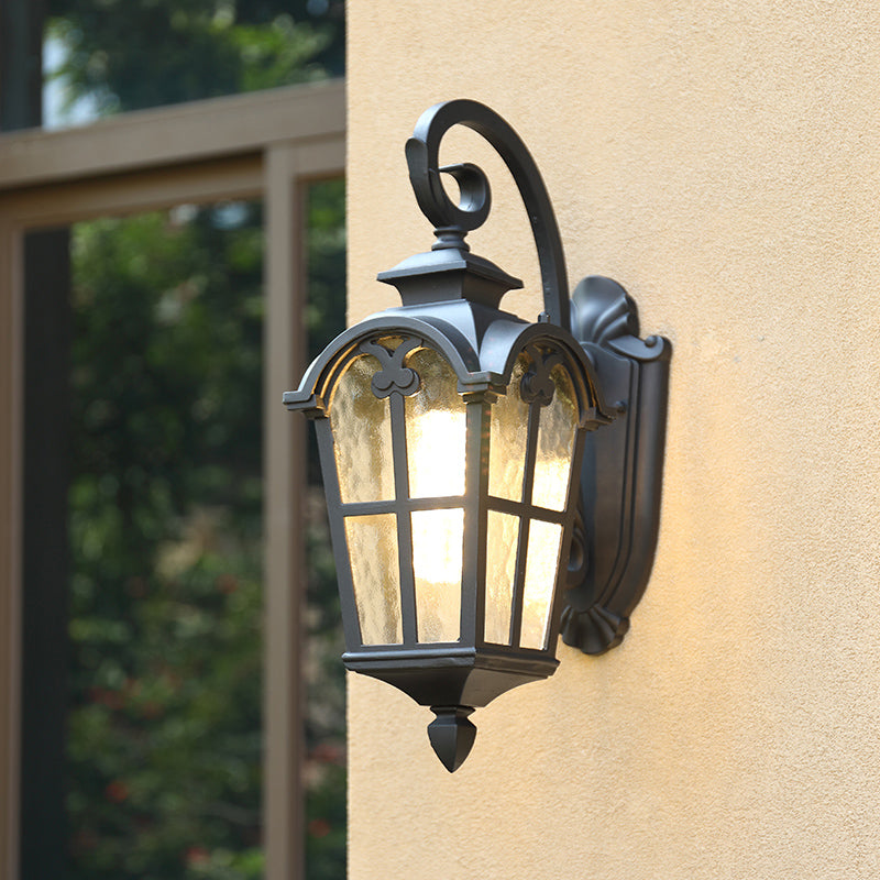 Retro Lantern Wall Mount Light with Ripple Glass for Courtyard
