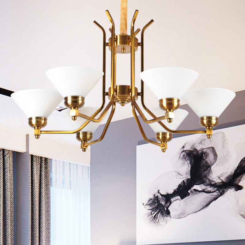 Traditional Cone Chandelier: White Glass Pendant Lighting with 3/6 Gold Lights for Living Room