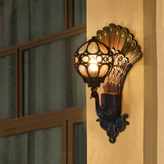 Classic Clear Glass Sphere Wall Light with Peacock Backplate - Black