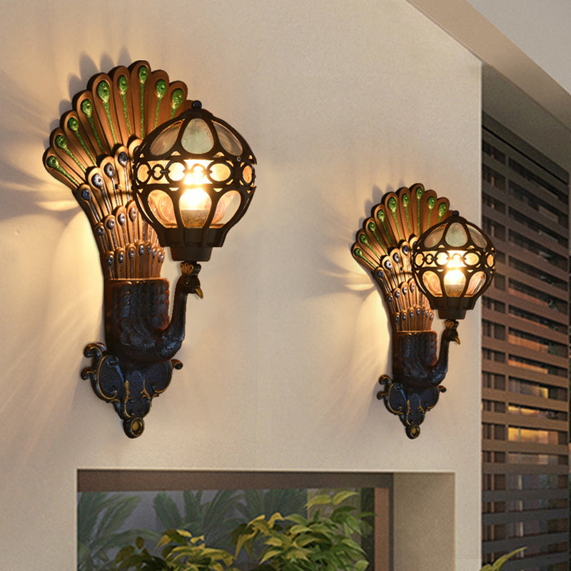 Classic Clear Glass Sphere Wall Light with Peacock Backplate - Black