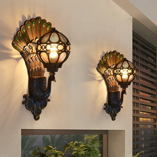 Classic Clear Glass Sphere Wall Light with Peacock Backplate - Black