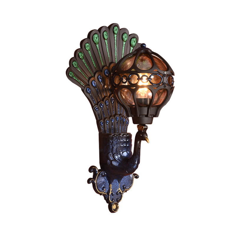 Classic Clear Glass Sphere Wall Light with Peacock Backplate - Black