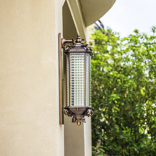 Traditional Bronze Wall Mount Light with Grid Glass and Single Bulb for Courtyard