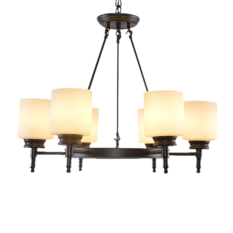 Traditional Black Wheel Chandelier with Frosted Glass Shades - 3/6 Lights, Elegant Hanging Ceiling Fixture for Dining Room