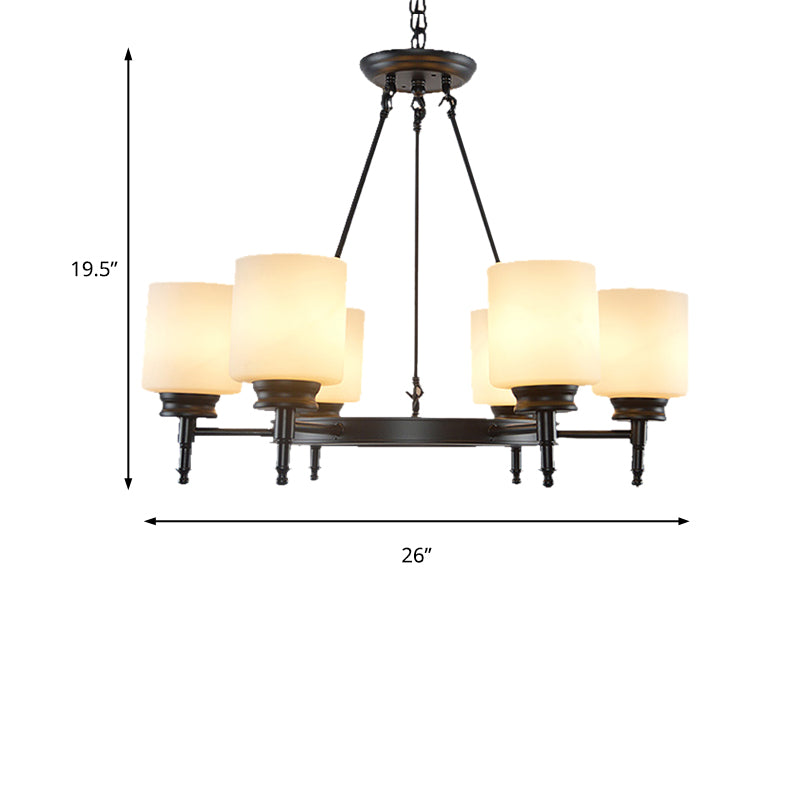 Traditional Black Wheel Chandelier with Frosted Glass Shades - 3/6 Lights, Elegant Hanging Ceiling Fixture for Dining Room