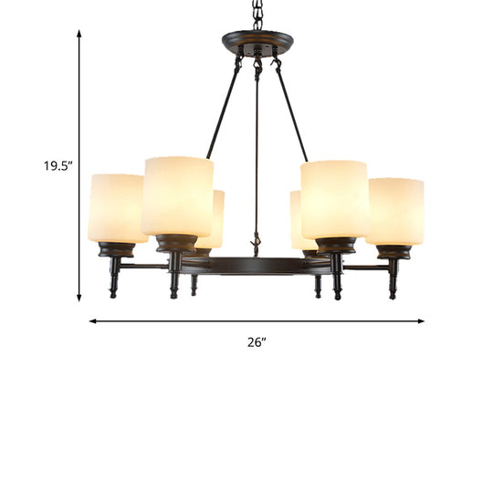Traditional Black Wheel Chandelier with Frosted Glass Shades - 3/6 Lights, Elegant Hanging Ceiling Fixture for Dining Room