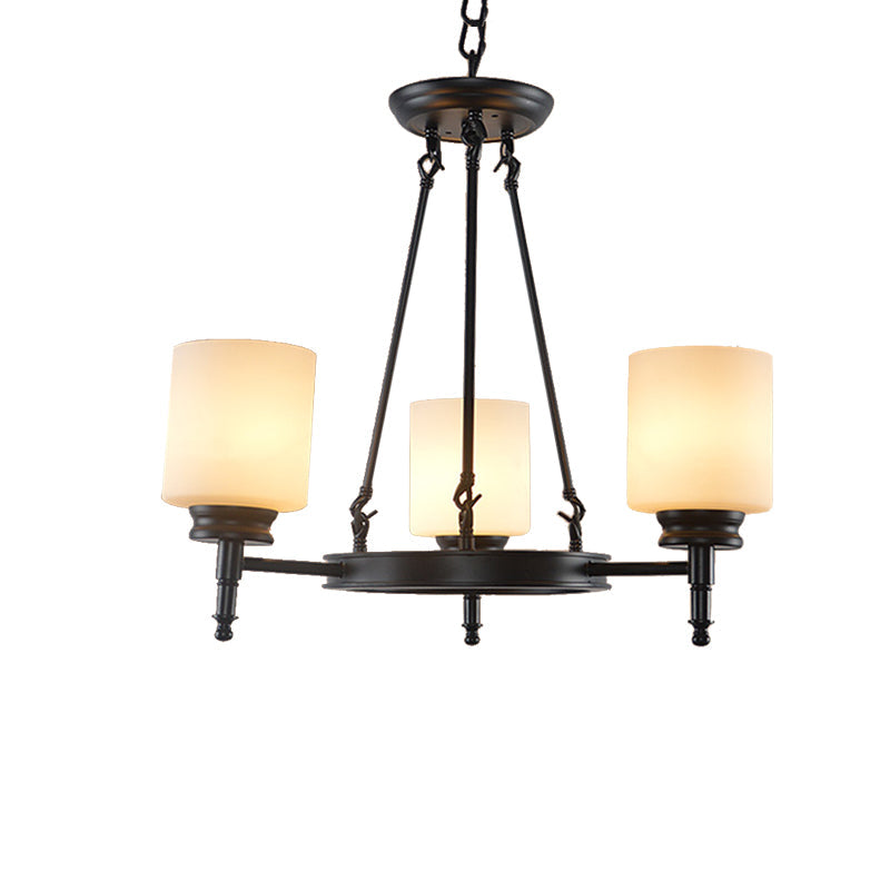 Traditional Black Wheel Chandelier with Frosted Glass Shades - 3/6 Lights, Elegant Hanging Ceiling Fixture for Dining Room