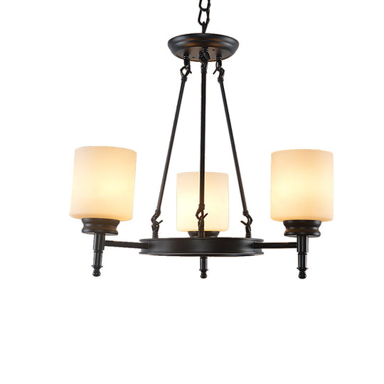 Traditional Black Wheel Chandelier with Frosted Glass Shades - 3/6 Lights, Elegant Hanging Ceiling Fixture for Dining Room