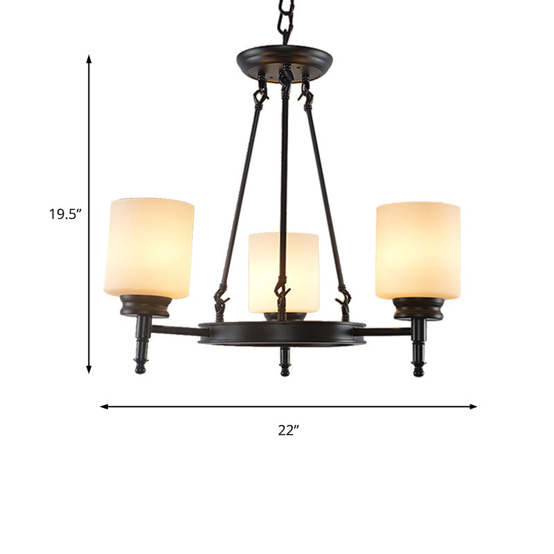 Traditional Black Wheel Chandelier with Frosted Glass Shades - 3/6 Lights, Elegant Hanging Ceiling Fixture for Dining Room