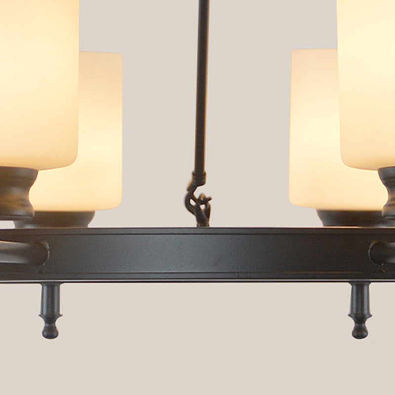 Traditional Black Wheel Chandelier with Frosted Glass Shades - 3/6 Lights, Elegant Hanging Ceiling Fixture for Dining Room