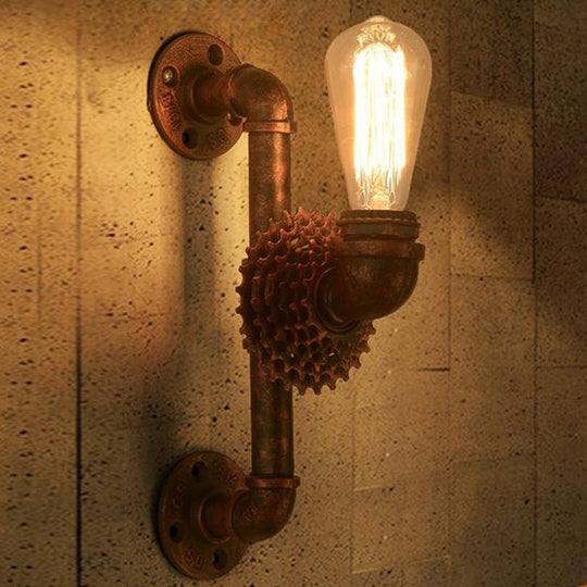 1-Light Industrial Weathered Copper Wall Lamp Sconce with Exposed Gear - Indoor Metal Light Fixture