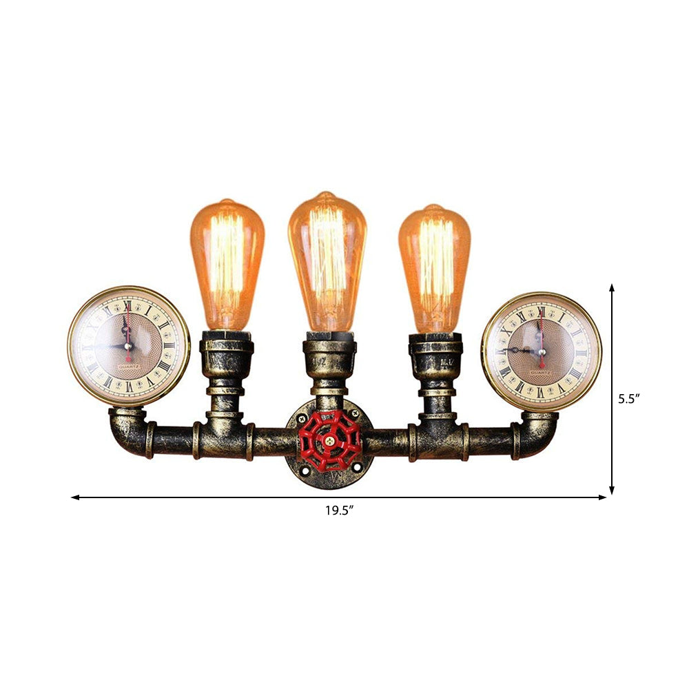 Industrial Metal Sconce Lighting: Wall Mounted Lamp with Pressure Gauge - 3 Bulbs Included