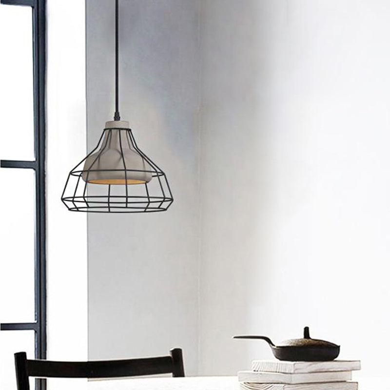 Cement Cone Suspension Light - Modernist Black Hanging Pendant Lamp with Wire-Cage Shade, 10.5"/14" Wide