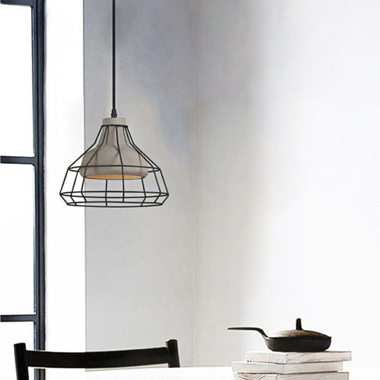 Cement Cone Suspension Light - Modernist Black Hanging Pendant Lamp with Wire-Cage Shade, 10.5"/14" Wide