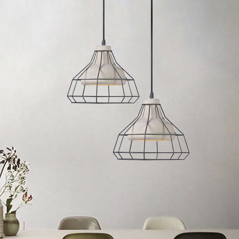 Cement Cone Suspension Light - Modernist Black Hanging Pendant Lamp with Wire-Cage Shade, 10.5"/14" Wide
