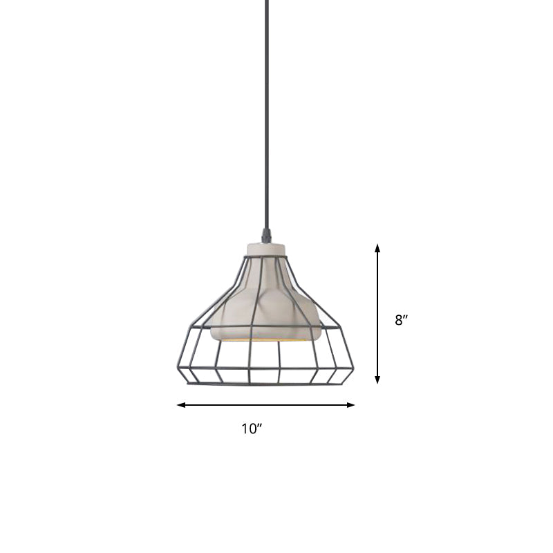 Cement Cone Suspension Light - Modernist Black Hanging Pendant Lamp with Wire-Cage Shade, 10.5"/14" Wide