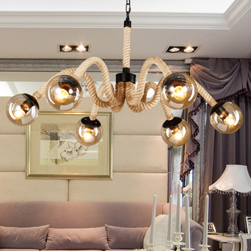 Traditional Rope Chandelier Light with Amber Glass Globe Shade - 6 Lights - Living Room Pendant Lighting