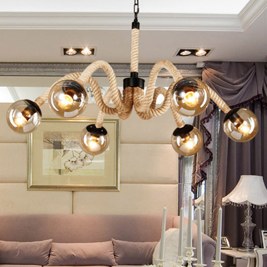 Traditional Rope Chandelier Light with Amber Glass Globe Shade - 6 Lights - Living Room Pendant Lighting