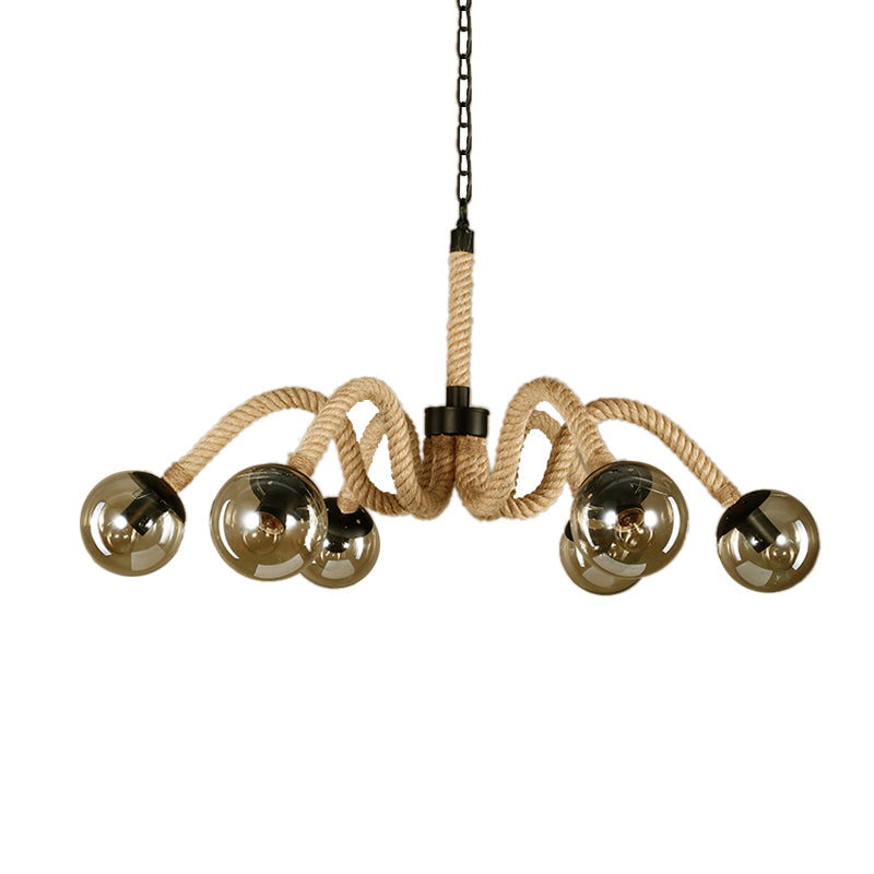 Traditional Rope Chandelier Light with Amber Glass Globe Shade - 6 Lights - Living Room Pendant Lighting