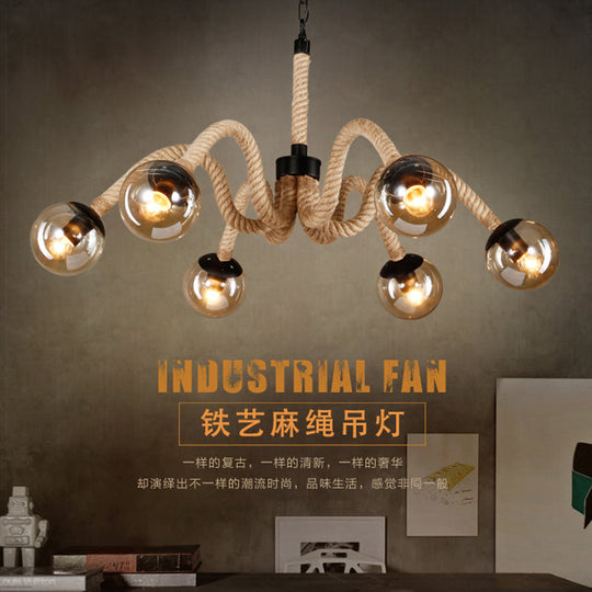 Traditional Rope Chandelier Light with Amber Glass Globe Shade - 6 Lights - Living Room Pendant Lighting