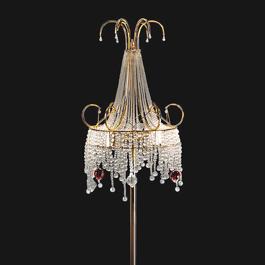 Tassel Crystal Floor Lamp: Postmodern Gold Standing Light with Scroll Decor (2 Bulbs)