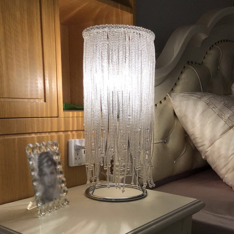 Chrome Crystal Fringed Nightstand Lamp: Sleek Single-Bulb Table Lighting for Postmodern Bedrooms