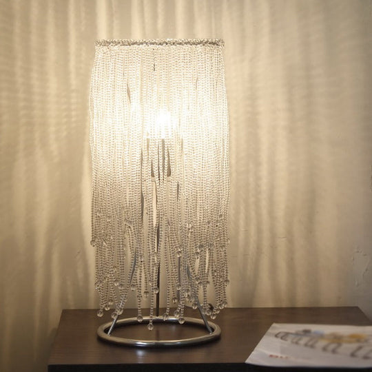 Chrome Crystal Fringed Nightstand Lamp: Sleek Single-Bulb Table Lighting for Postmodern Bedrooms