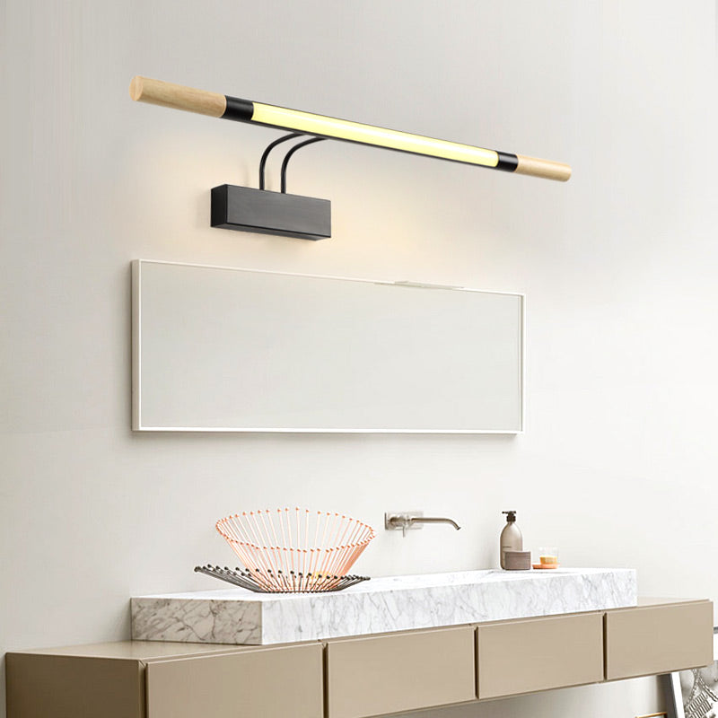 Modern LED Wood Vanity Wall Sconce with Curved Arm - Linear Vanity Lighting in White/Warm Light