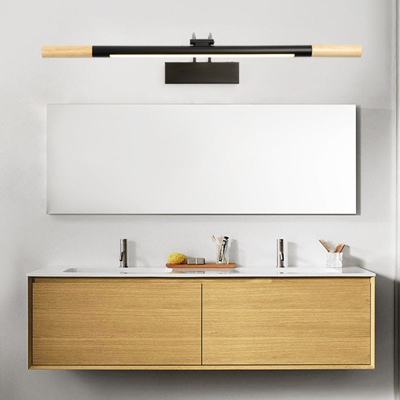 Modern LED Wood Vanity Wall Sconce with Curved Arm - Linear Vanity Lighting in White/Warm Light