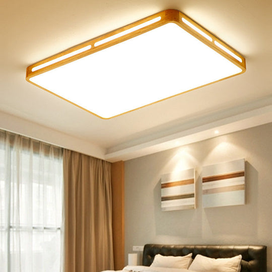 Minimalist Wood Beige LED Flush Mount Lamp for Bedroom - 25.5"/37.5" Wide Rectangle Ceiling Light