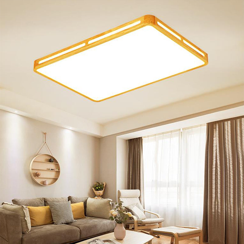 Minimalist Wood Beige LED Flush Mount Lamp for Bedroom - 25.5"/37.5" Wide Rectangle Ceiling Light