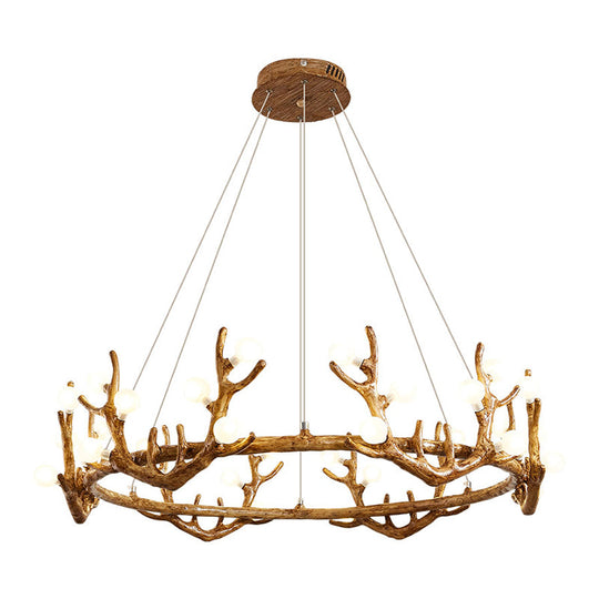 Antler Living Room Ceiling Lighting Vintage Resin Brown LED Chandelier Light with Ball Frost Glass Shade