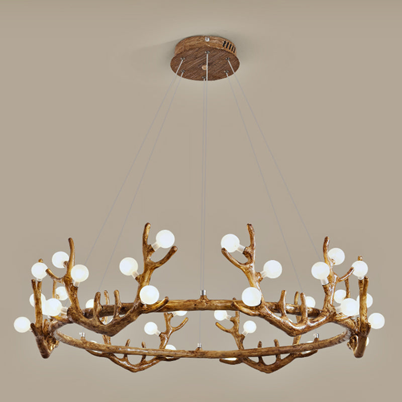 Antler Living Room Ceiling Lighting Vintage Resin Brown LED Chandelier Light with Ball Frost Glass Shade