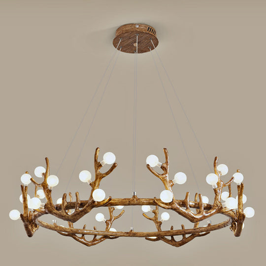 Antler Living Room Ceiling Lighting Vintage Resin Brown LED Chandelier Light with Ball Frost Glass Shade