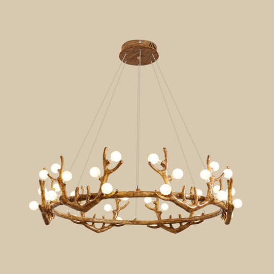 Antler Living Room Ceiling Lighting Vintage Resin Brown LED Chandelier Light with Ball Frost Glass Shade