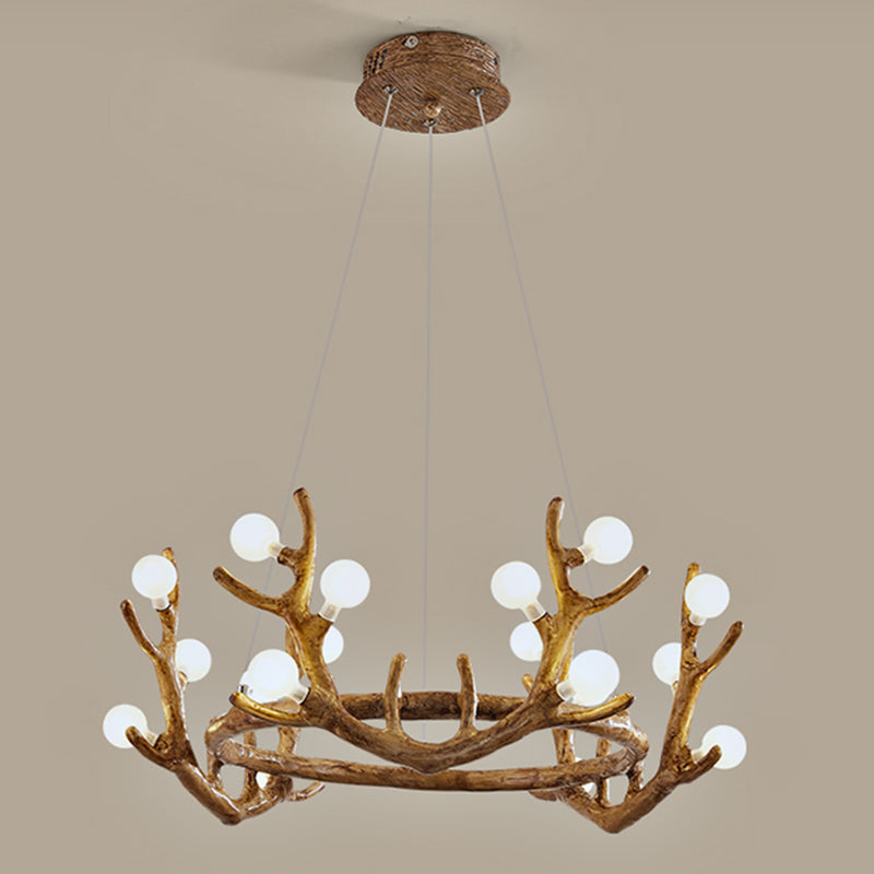 Antler Living Room Ceiling Lighting Vintage Resin Brown LED Chandelier Light with Ball Frost Glass Shade