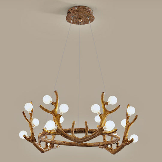 Antler Living Room Ceiling Lighting Vintage Resin Brown LED Chandelier Light with Ball Frost Glass Shade