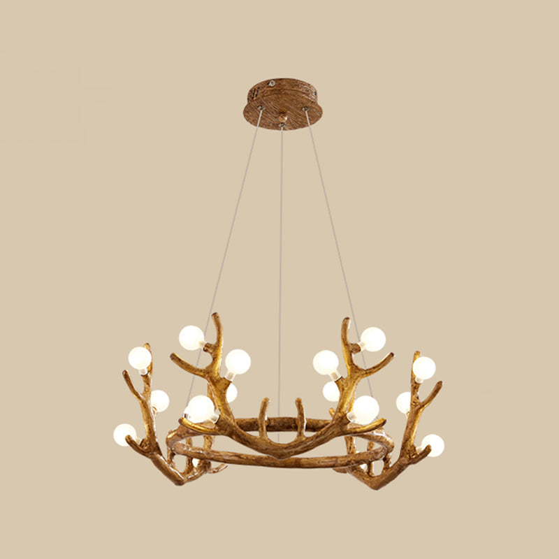 Antler Living Room Ceiling Lighting Vintage Resin Brown LED Chandelier Light with Ball Frost Glass Shade