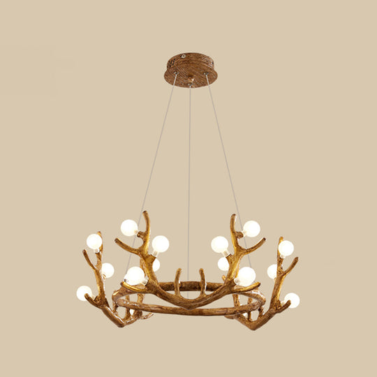Antler Living Room Ceiling Lighting Vintage Resin Brown LED Chandelier Light with Ball Frost Glass Shade