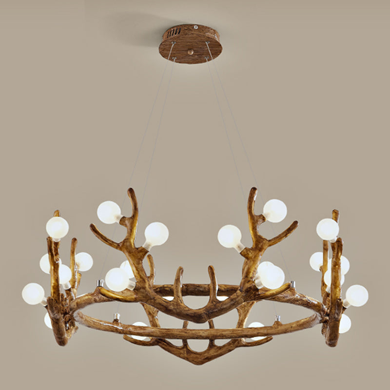 Antler Living Room Ceiling Lighting Vintage Resin Brown LED Chandelier Light with Ball Frost Glass Shade