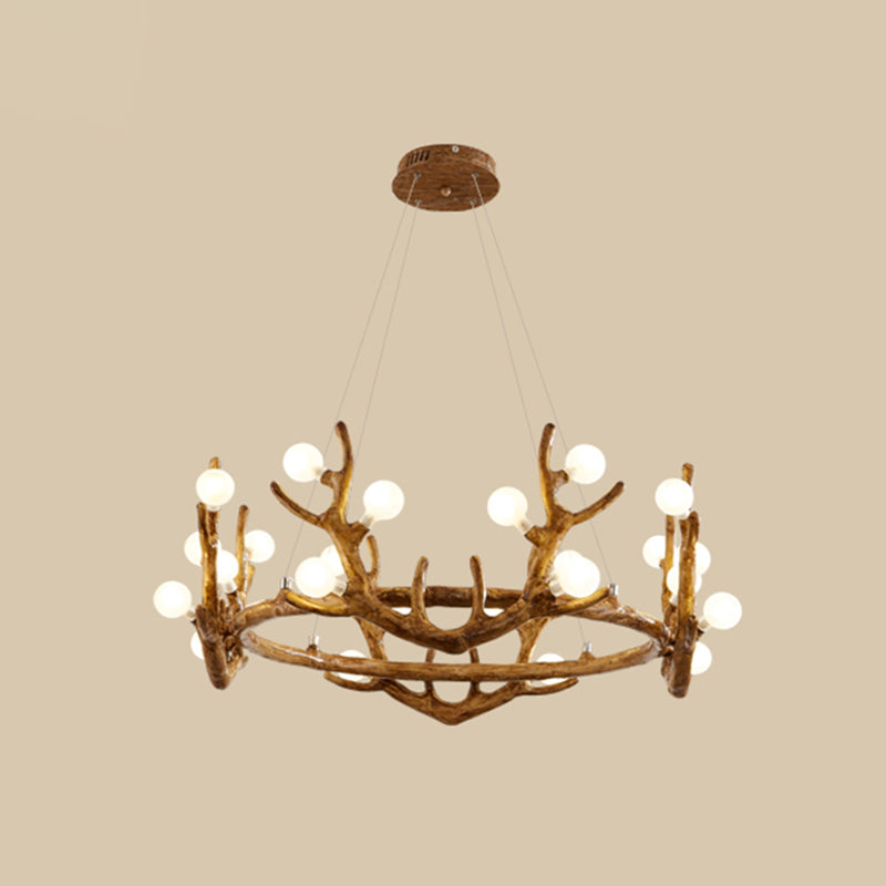 Antler Living Room Ceiling Lighting Vintage Resin Brown LED Chandelier Light with Ball Frost Glass Shade