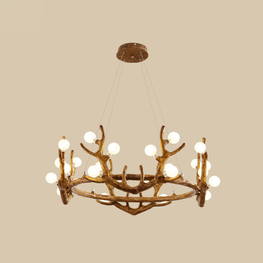 Antler Living Room Ceiling Lighting Vintage Resin Brown LED Chandelier Light with Ball Frost Glass Shade