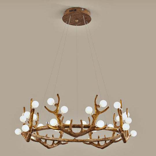 Antler Living Room Ceiling Lighting Vintage Resin Brown LED Chandelier Light with Ball Frost Glass Shade